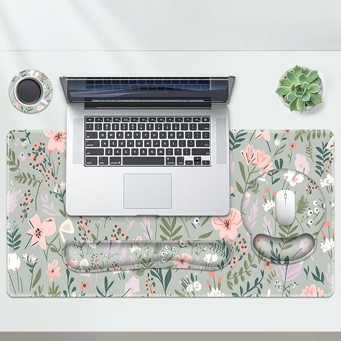 AIMSA Keyboard Mouse Pad Set, Extended Mouse Pad, Keyboard Wrist Rest Support, Memory Foam Ergonomic Desk Pad Set for Home Office Study Game, Pink White Flowers Plants