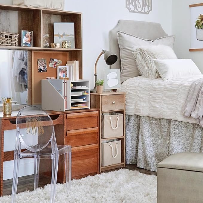 Wood Paper Tray Organizer for Desk - 5 Tier Desk Top File Storage Office Workspace Desktop Organization Stationary Small Wooden Shelf, White