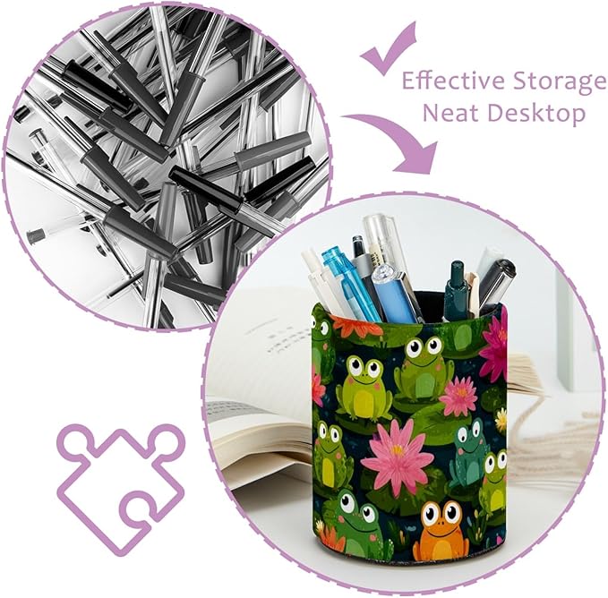 Leather Pen Holder for Desk Colored Frogs Pencil Cup Desktop Organizer Makeup Brush Holders Office Supplies for Home, Kids & School