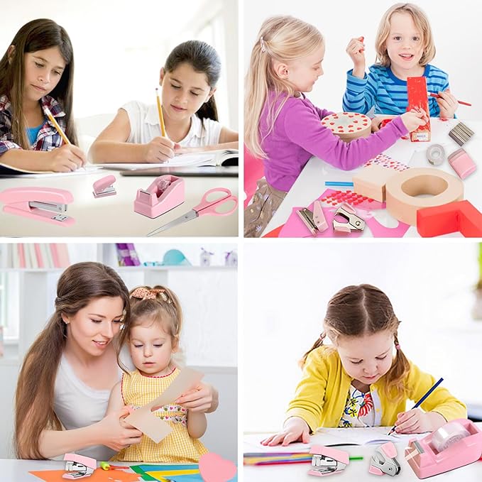 12 Pack Office Supply Kit,Pink Office Supplies Includes Stapler,Tape Dispenser,Staple Remover,Staples,Clips,Scissor,Staples,Clips,Scissor,Ruler and Tabs