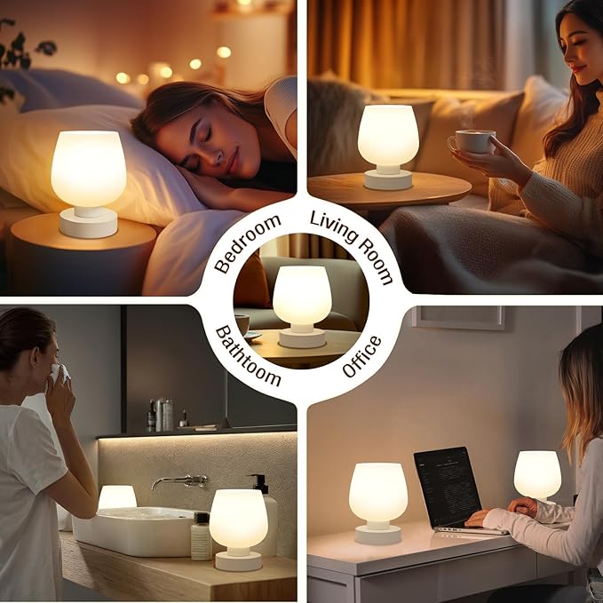 Touch Bedside Table Lamp Set of 2 - Small Bedside Lamp for Bedroom Living Room Night Stands, Desk Lamp with White Glass Shade for Small Spaces, 3 Way Dimmable, LED Bulbs, Gifts