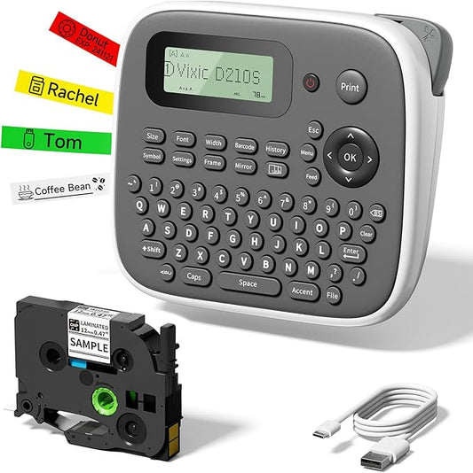 Vixic Label Makers, Label Maker Machine with-Tape 12mm 0.47 Laminated White, D210S Portable Label Maker with Keyboard, Labeling Machine with Multiple Fonts for Home Office Organization