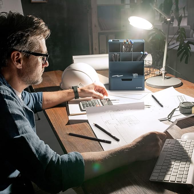 ARTEZA Desktop Pen and Marker Organizer – 6-Compartment Blue Holder with Drawer for Desk, Office, Makeup, and Art Supply Organization