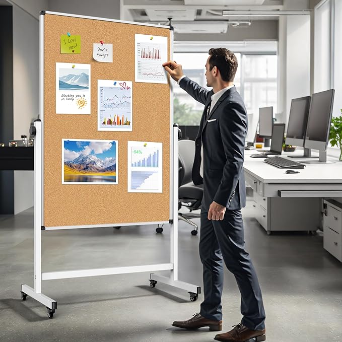 Double-Sided Whiteboard and Corkboard on Wheels, 48 x 32 Inch Magnetic Dry Erase Board with Adjustable Height Stand, Rolling Mobile Board for Office, Classroom, Presentation & Planning (Cork & White)