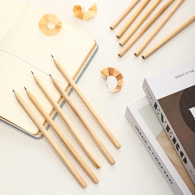 Fumete 100 Pieces Wooden Pencils Bulk No Eraser Hexagonal HB Graphite Unsharpened Natural Wood Pencils Without Erasers Christmas Classroom Gifts for Students Bulk Christmas Goodie Bag Stuffers