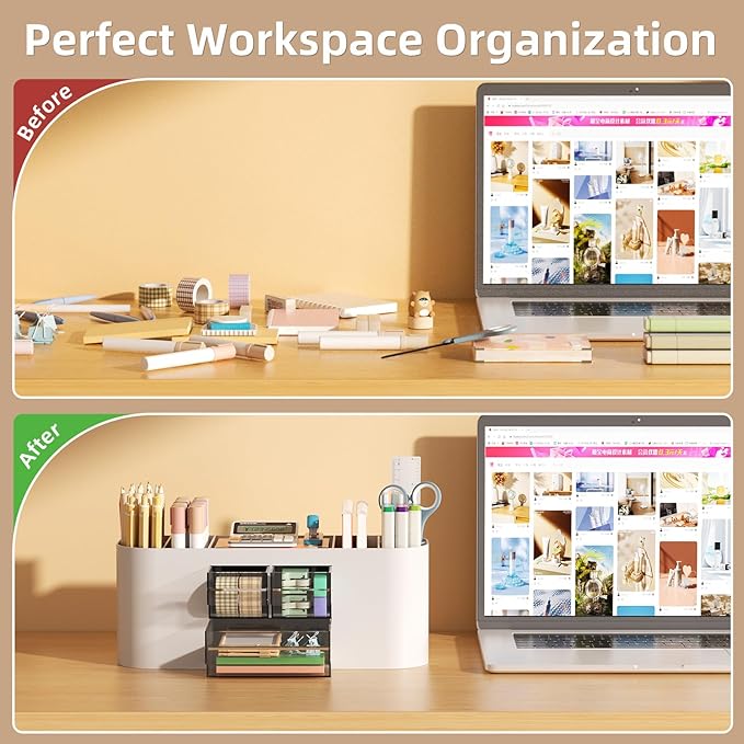 Marbrasse Desk Organizer Pen Holder for Desk with 3 Drawers, Multi-Functional Pencil Holder, Desk Organizers and Accessories with 7 Compartments for Home, School, Classroom(Grey)