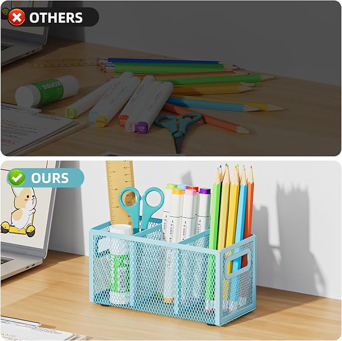 Marbrasse Mesh Pen Holder for Desk,Pencil Holder Desk Organizer 3 Adjustable Compartments,Pencil Cup with Handle Perfect for Classroom, Office, Home,Makeup,Art (Blue)