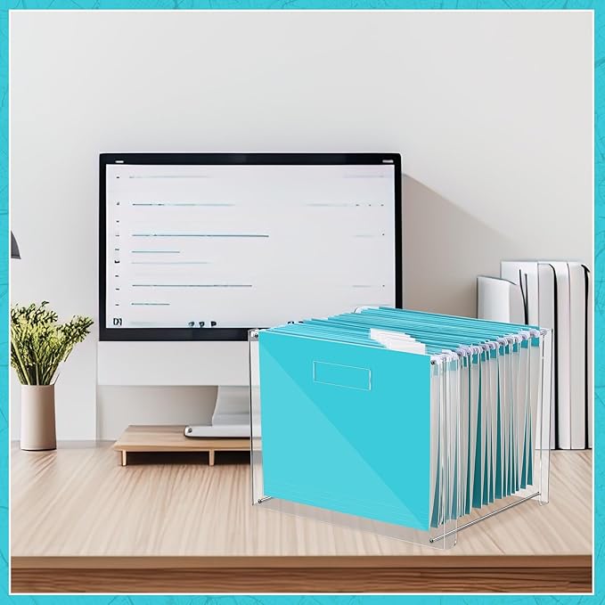 24 Hanging File Folder with Acrylic Organizer for Letter/a4 Size Desktop Clear File Storage Box with Handles for Home Work Office Use(Blue,Classic)