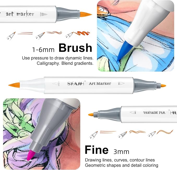 SFAIH Alcohol Markers Brush & Fine - 168 Colors Double Tipped Art Markers for Adult Coloring Illustration, Gifts for Artist Adult - Adjustable Shoulder Strap & Faux Leather Lining & Outer Zip Pocket