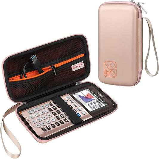 BOVKE Hard Calculator Case Compatible with Texas Instruments TI-84 Plus CE Color Graphing Calculator/TI-83 Plus CE, Extra Zipped Pocket for USB Cables, Charger, Manual and More, Rose Gold