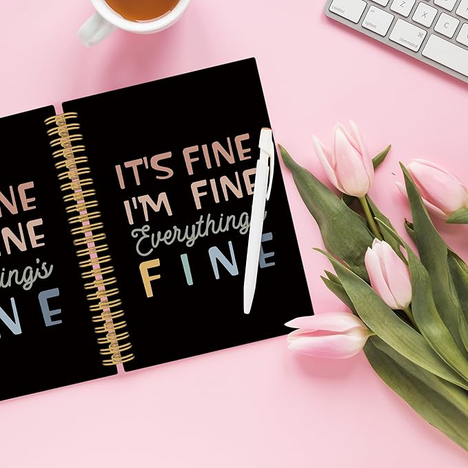 XPH Funny Black Spiral Notebook, It's Fine I'm Everything Is Fine Journaling Notebooks for Women Men, Humorous Hardcover Journals for Office 160 Pages 5.5 x 8.3 Inch, Sarcastic Gifts for Coworkers