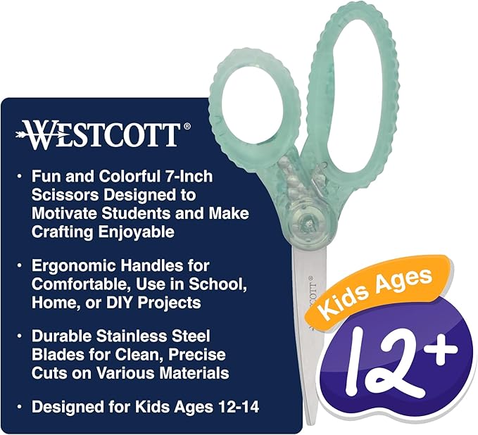 Westcott GEM Crystal-Design 7-Inch Pointed Student Scissors for Ages 12+, Classroom Essential with Comfortable Grip, Ideal for Left or Right Hand, Back to School, School Supplies, Green