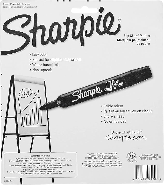 Sharpie Flip Chart Markers, Bullet Tip, Assorted Colors, 8 Count - Low-Odor, Squeak-Free, Home, Office, Back to School, Teacher Supplies
