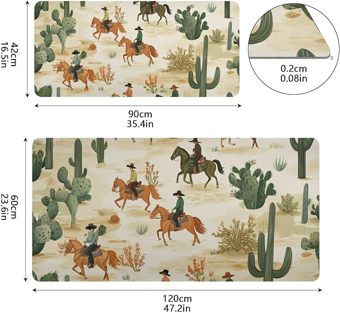 Mouse Pad Desk Mat Leather Desk Pad Large Gaming Desk Cover Protector Mat for Keyboard Computer Laptop Office Waterproof 35.4 x 16.5 Inch Cute Cacti Desert Cowboys Horses