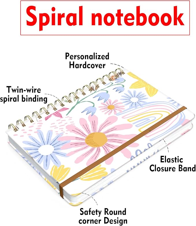 Spiral Journal Notebook for Women, Hardcover A5 College Ruled Notebook, 120 Pages, Thick Paper, Cute Lined Journal for School, Office & Work, 6 x 8.4 in(Spring Flower)
