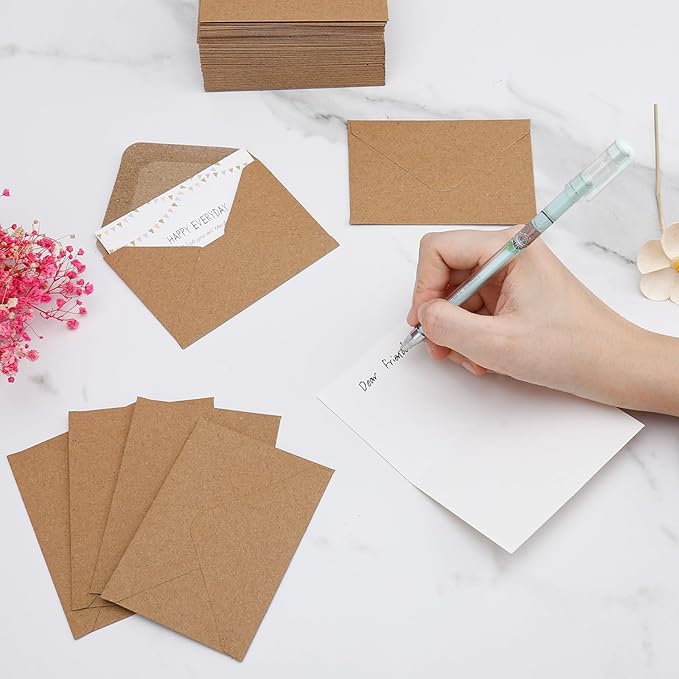 100 Pack 4 x 2.75" Mini Envelopes 120GSM Gift Card Kraft Envelopes Bulk Small Paper Gift Card Sleeves Greeting Card Business Card Brown Tiny Envelope Pockets for Card & Invitation