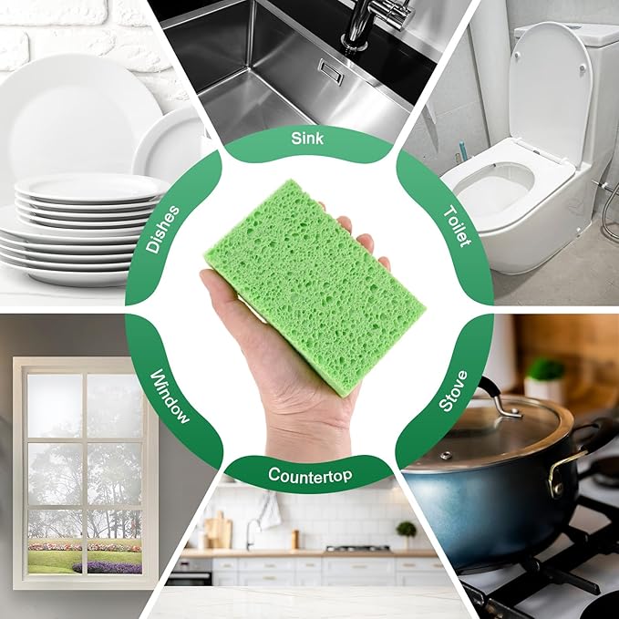 M METERXITY 6-Pack Kitchen Sponges, Condense Eco Cellulose Non-Scratch Scrub Heavy Sponge for Kitchen/Household/Bathroom, Clean Tough Messes Dish Scrubber [Green]