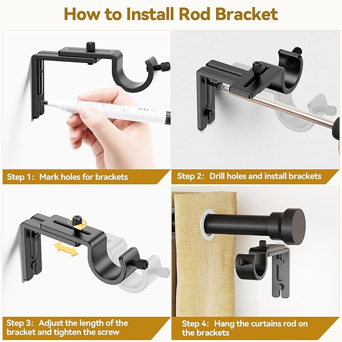 Curtain Rod 32-58 Inch, Heavy Duty 1 Inch Adjustable Curtain Rods for Windows, Black Short Window Treatment Rods, Modern Design, Easy Installation
