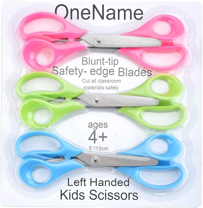 OneName Left-Handed Kids Scissors,5 Inch Left handed Scissors for Kids,Stainless Steel Blade Comfort-Grip Handles Safety Children Lefty Kid Scissor,Great for School,Classroom,Arts,Home 6 Pack