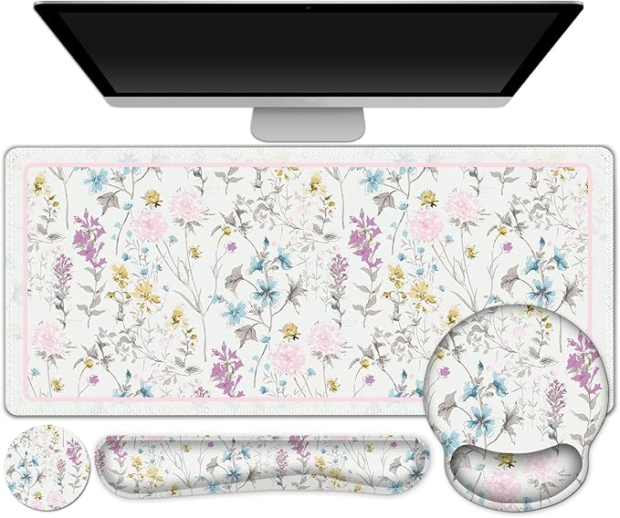 AIMSA Large Mouse Pad and Keyboard Wrist Rest, Desk Pad for Keyboard and Mouse, Large Gaming Mouse Pad with Wrist Support Combo, Desk Mat for Study Game, Wildflower Floral