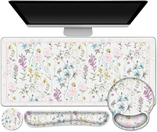 AIMSA Large Mouse Pad and Keyboard Wrist Rest, Desk Pad for Keyboard and Mouse, Large Gaming Mouse Pad with Wrist Support Combo, Desk Mat for Study Game, Wildflower Floral