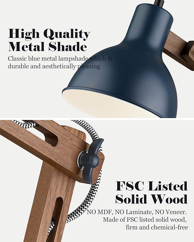 ELYONA Sapele Wood Desk Lamp with Upgraded Wireless Charger, Swing Arm Table Lamp with USB C Charging Port, Reading Task Light for Bedroom, Dorm, Office, Living Room, LED Bulb Include, Modern Blue