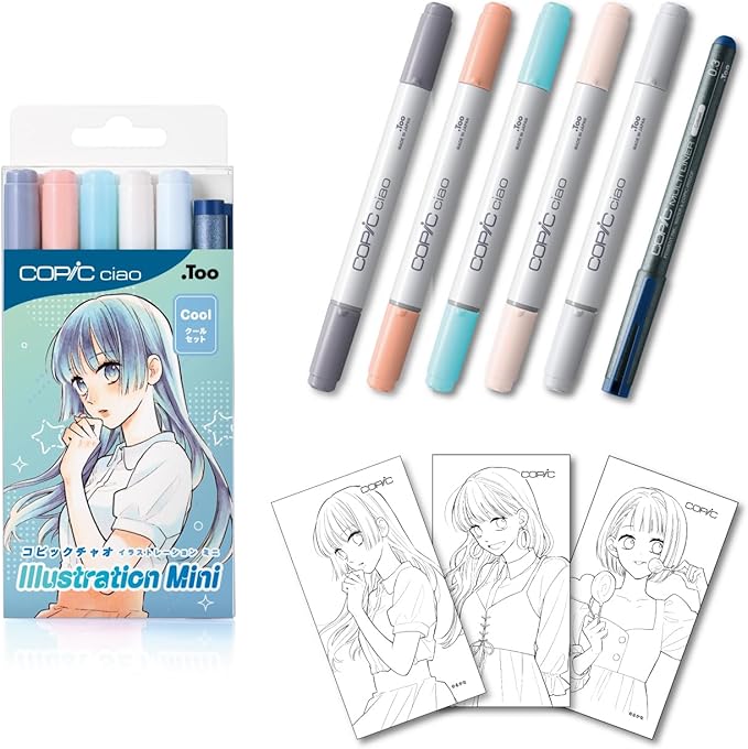 Copic Ciao Illustration Mini Cool Set, 5 Alcohol-markers + 1 Multiliner drawing pen