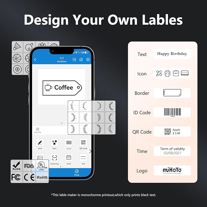 Wireless Mini Retro Label Maker Machine with Tape,Bluetooth Portable Thermal Sticker Printer for Phone,Small Business, Address, Logo, Qr Code, Food,Home, Kitchen,with 50×30mm Label(Black)