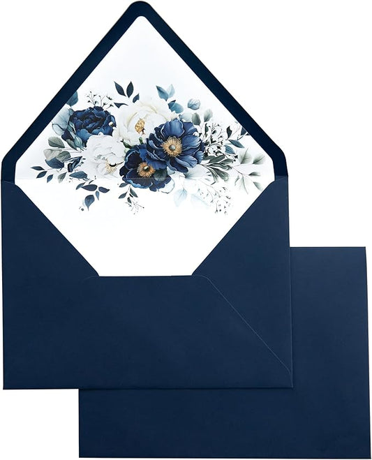 PONATIA 50PCS A7 Euro Flap Envelopes, 5.25 x 7.25'' Liner Envelope For 5x7'' Weddings Invitation Cards, Christmas Gift Cards, Acrylic Invitations, Photos (Navy Blue)