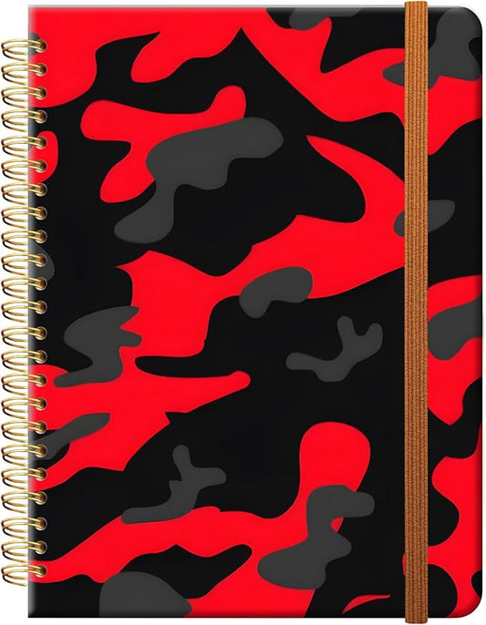 Ruled Spiral Writing Notebook,A5 Hardcover Lined College Journal for Women,Strong Twin-Wire Binding with Premium Paper,8.4" X 6",Perfect for School,Office,Home(Red Black Camo Camouflage)