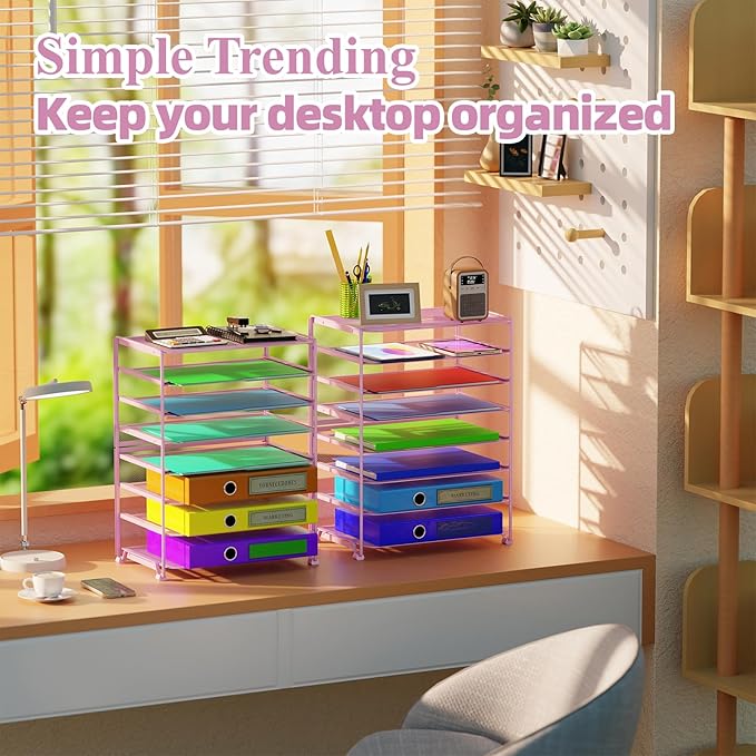Simple Trending 2 Pack 8 Tier Letter Tray Paper - Mesh Desk File Organizer for Office School Desktop, Pink