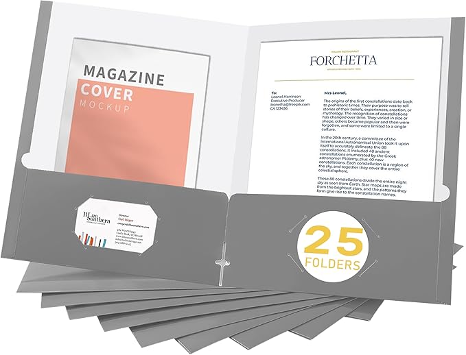 Zzrywuty File Folders with Pockets Letter Size, 25-Pack Paper Folders with Card Slot, Two Pocket Folders for School Students, Businessmen, Home and Office Workers (Grey)
