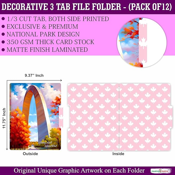 PARTH IMPEX 12 Pack US National Parks Decorative File Folders, 1/3 Cut Tab with Assorted Positions, Letter Size Paper Holders (9.37” x 11.75”) Matte Finish Laminated for Office School Work