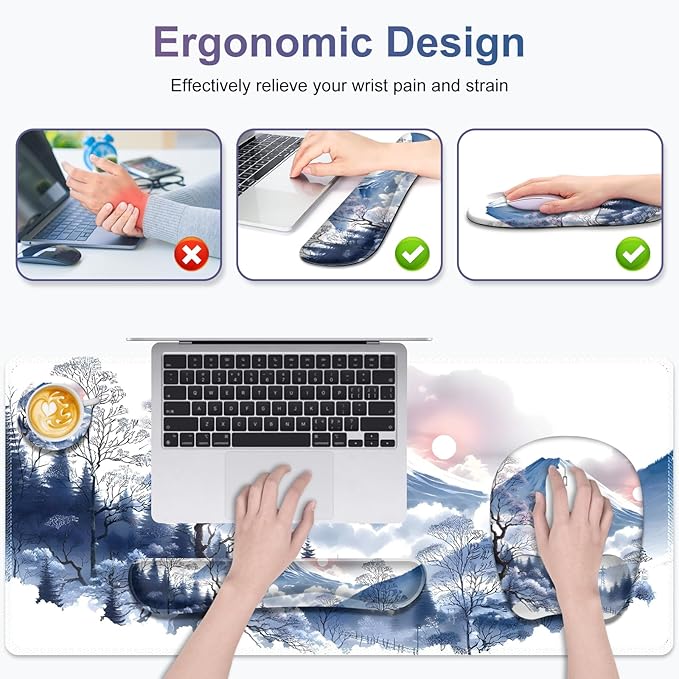 4 in 1 Large Mouse Pad, Keyboard Wrist Rest Set, Ergonomic Mouse Pad with Wrist Support, Desk Mat with Stitched Edges Extended Desk Pad Waterproof Desk Mat for Home Office Game I Snowy Mountain Sun