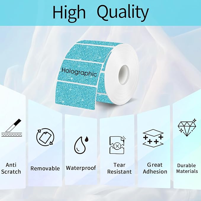 2.25"x1.25" Holographic Thermal Labels Stickers, Glitter Direct Thermal Printer Labels, Waterproof Self-Adhesive Address Shipping Label Stickers, 300 Sheet/ 1 Roll, Holographic Shiny Blue
