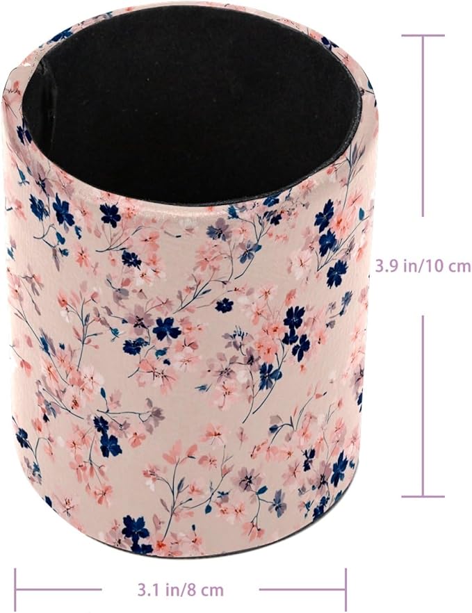 Leather Pen Holder for Desk Pink Floral Pencil Cup Desktop Organizer Makeup Brush Holders Office Supplies for Home, Kids & School
