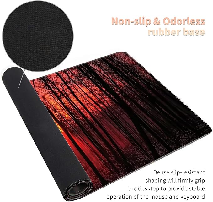 Desk Mat Large Gaming Mouse Pad (31.5x11.8 inch) with Stitched Edges, XL Mouse Pad +Coaster, Extended Mouse Mat Keybroad Mousepad Non-Slip Rubber for Gamer Men Women, Sunset Nature Forest