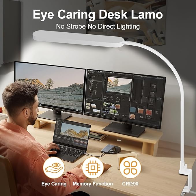 SKYLEO Led Desk Lamp - 33.5" Desk Light - Flexible Gooseneck - 5 Color Modes X 11 Brightness Levels - 1300LM - Timmer & Memory Function - 12W Clip on Light - White
