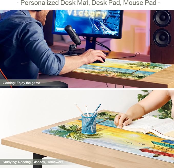 Summer Beach View Mouse Pad Desk Mat Seaside Path Gaming Mouse Pad Anime Desk Pad Mousepad XXL Extended Keyboard Mat, Computer Laptop Mouse Mat for Work, Game, Office, Home, Waterproof, 31.5 x 15.7 in