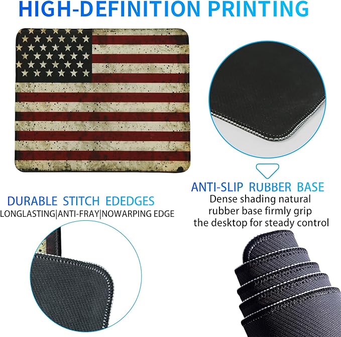 USA National Flag Gaming Mouse Pad, Large Mouse Pad for Desk Mat XL Mousepad, Stitched Edges Non-Slip Rubber Base Mouse Pads for Computers Laptop (USA Flag-Small-White)