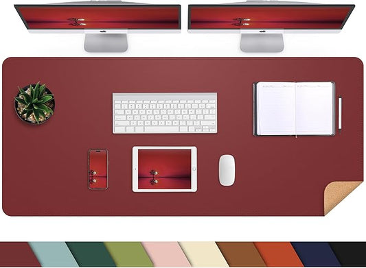 Leather Desk pad Protector, Large Desk mat with Natural Cork & PU Leather,Mouse pad,Non-Slip Office Desk Mat,Waterproof Desk Writing Pad for Office and Home (47in*17in, red)