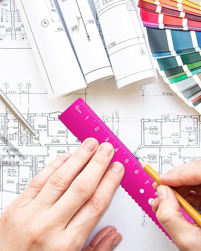 Honagu Triangular Ruler Set, 4 Pieces Aluminum Alloy Ruler, Metal Drafting Ruler, Geometric Protractor for Students, Draftsmen, Engineers, School Office Supplies (Pink)