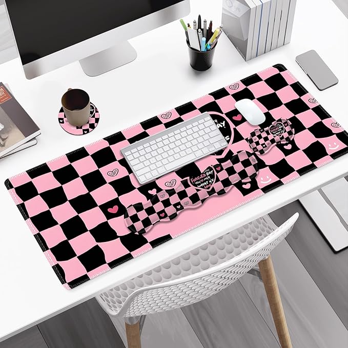 Desk Mat Gaming Mouse Pad, Cute Desk Matt Keyboard Wrist Rest for Desktop, Anti-Slip Big Mousepad Stitched Edges, XXL Large Mouse Pad with Wrist Support for Home Office I Pink Black True Love