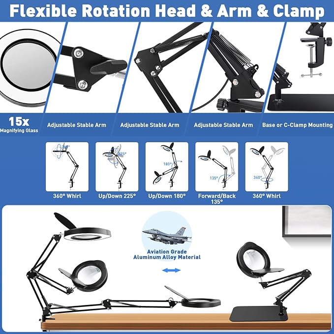 15X Desk Magnifying Glass with Light and Stand,Real Glass EyeCare LED Lighted Magnifier,5 Color Modes Stepless Dimmable,Hands Free 2-in-1 Desk Lamp for Craft Reading Painting Hobby Close Work