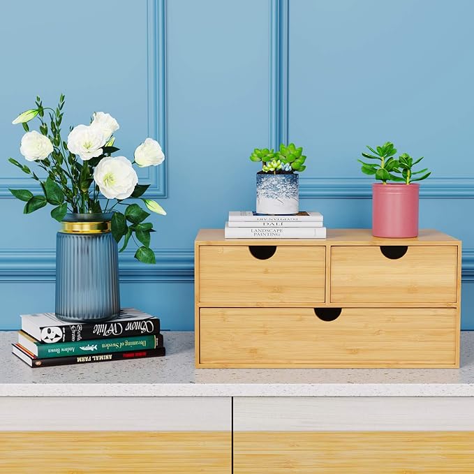 Wisuce Bamboo Desk Organizer - Mini Desktop Drawer Tabletop Storage Organization Box for Office Home Toiletries Supplies, No Assembly Required (3 Drawer)