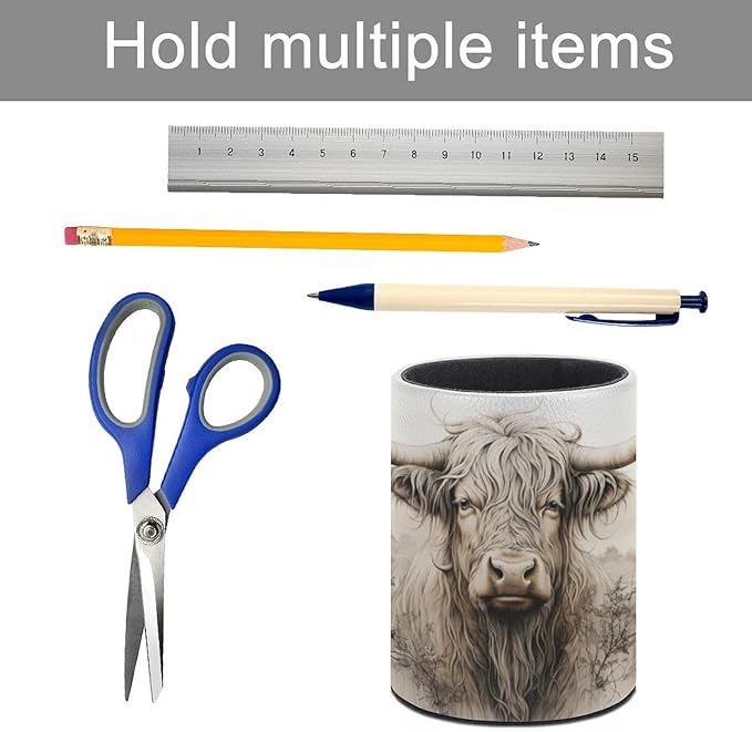 Highland Cow Pen Holder Pencil Organizer Cute Pencil Cup Desk Decor Makeup Brush Holder PU Multifunctional Office Suppliesfor Home Classroom School