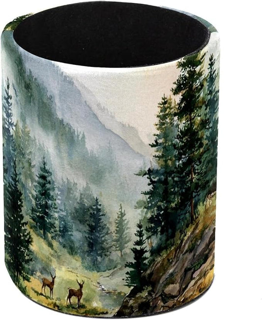 1 Pack Watercolor Mountain Deer Circular Pen & Pencil Holder - Durable PU Leather Pencil Cup, Desk Accessories Organizer for Office Desk School Home