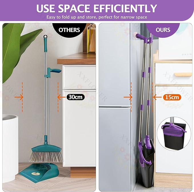 XXFLOWER Broom and Dustpan Set with Long Handle, Light Weight Stainless Steel Poles Stand Upright Dustpans with Broom Combo for Home Kitchen Office Pet Dog Hair, 1-Pack (Purple)