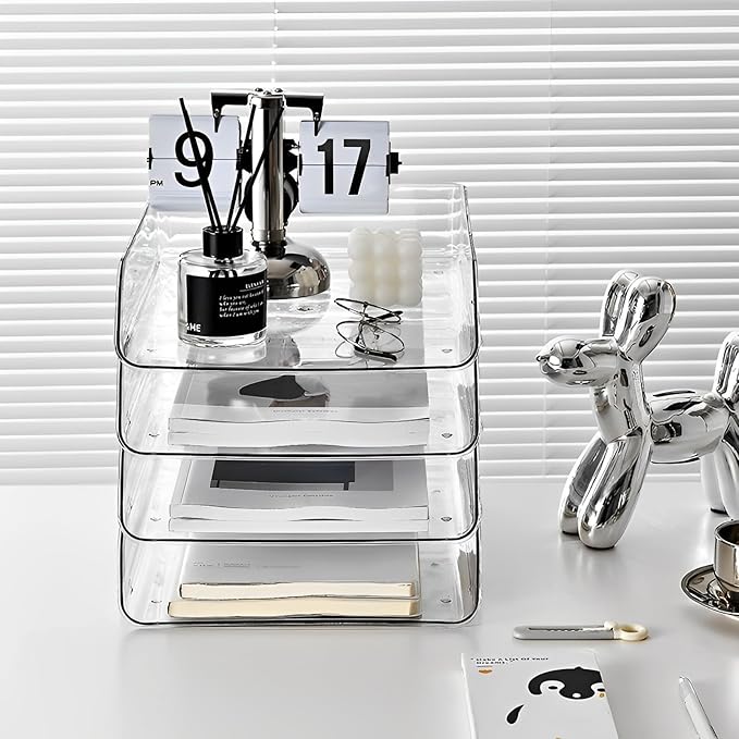 Gagee 4 Pack Clear Stackable Paper Organizer, Office Desk Organizer for Notes, Pens, File, Document, A4 Paper Holder