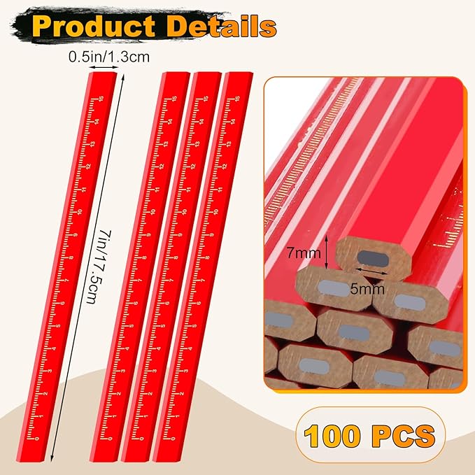 100 Pcs Carpenter Pencils,Construction Pencils with Printed Ruler,Flat Octagonal Hard Black Carpenter Pencil for Woodworking Marking Construction Plans